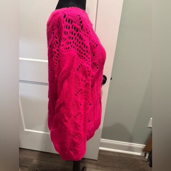 Kori America hot Pink Cable Knit Sweater balloon sleeves crew neck - Picture 2 of 9